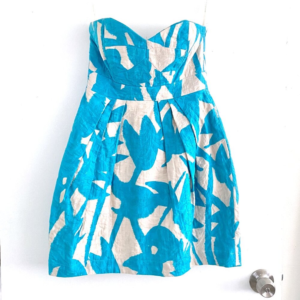 Shoshanna Blue and Off-White Strapless Dress